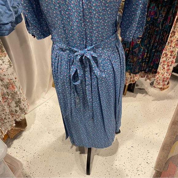 Vintage blue floral retro 60’s-70’s dress lace pockets midi milkmaid prairie - Picture 10 of 15